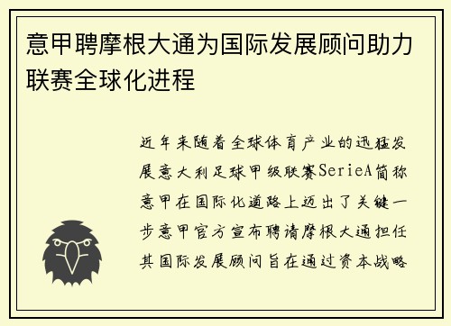 意甲聘摩根大通为国际发展顾问助力联赛全球化进程