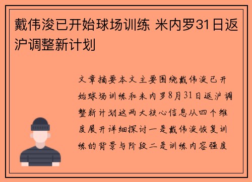 戴伟浚已开始球场训练 米内罗31日返沪调整新计划